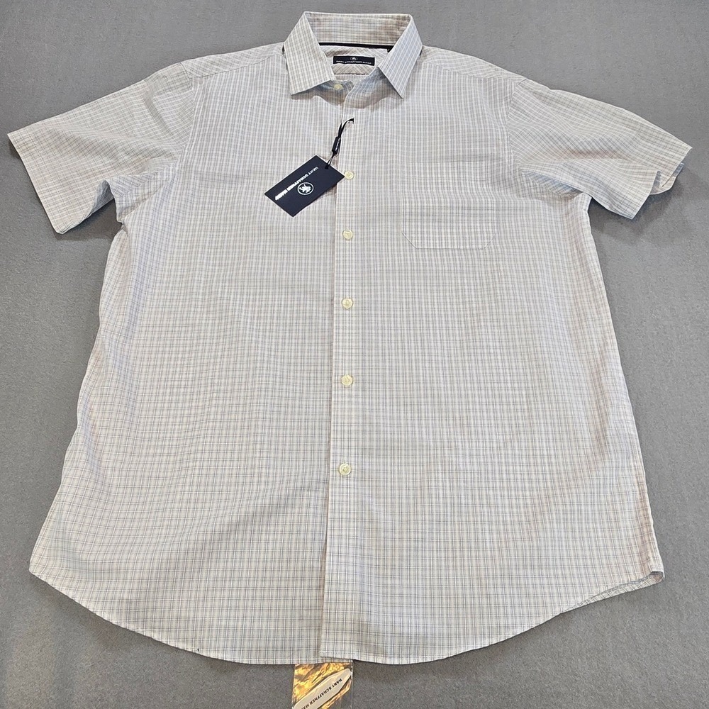 Hart Schaffner Marx Button Down Men Large White Blue Grid Short Sleeve Cotton